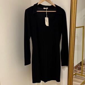 Mystree Black Long-Sleeve Ribbed Collar Dress